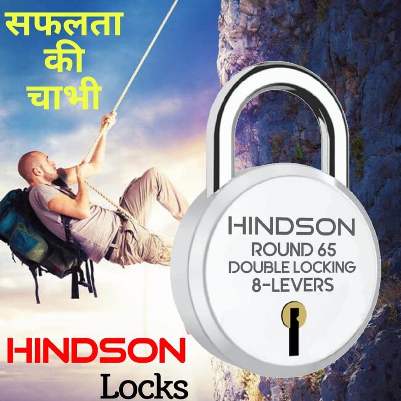 HINDSON Locks with Same Key - 2-Pack Common Key Lock, Steel Double Locking, 8 Lever Padlock for Door, Gate, Shutter, Home, Silver Finish, Round 65mm - Image 4