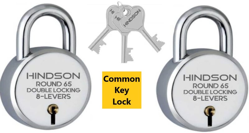HINDSON Locks with Same Key - 2-Pack Common Key Lock, Steel Double Locking, 8 Lever Padlock for Door, Gate, Shutter, Home, Silver Finish, Round 65mm - Image 1