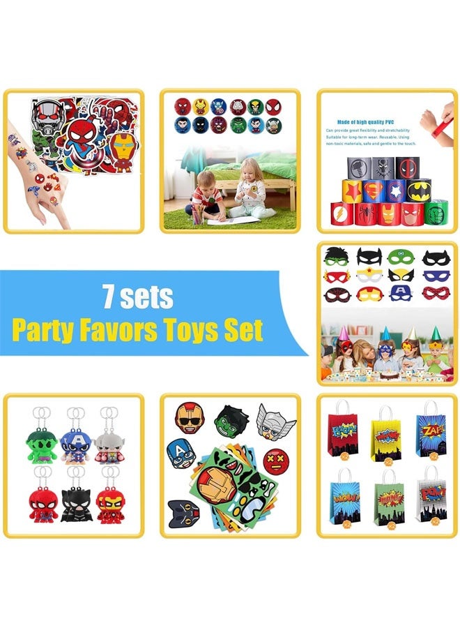 بيوينتي حزب المواد مجموعة هدية عيد ميلاد بطل خارق تشمل أقنعة بطل خارق (12 قطعة) ، 12 أسوار صفعة ، 12 ملصقات وجه بطل خارق ، 12 بروش ، 12 سلاسل مفاتيح ، 12 كيس هدايا و 50 قطعة ملصقات (122PC) - Image 2