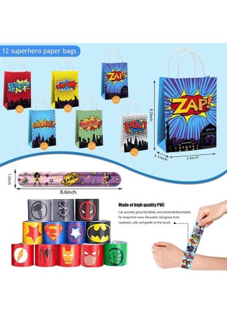 Party Articles Superhero Birthday Party Gift Set Includes Superhero Masks(12pcs),12 slap bracelets,12 superhero face stickers,12 brooches,12 keychains,12 gifts bag and 50pcs stickerst (122PC) - view 4