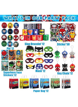 Party Articles Superhero Birthday Party Gift Set Includes Superhero Masks(12pcs),12 slap bracelets,12 superhero face stickers,12 brooches,12 keychains,12 gifts bag and 50pcs stickerst (122PC) - view 5