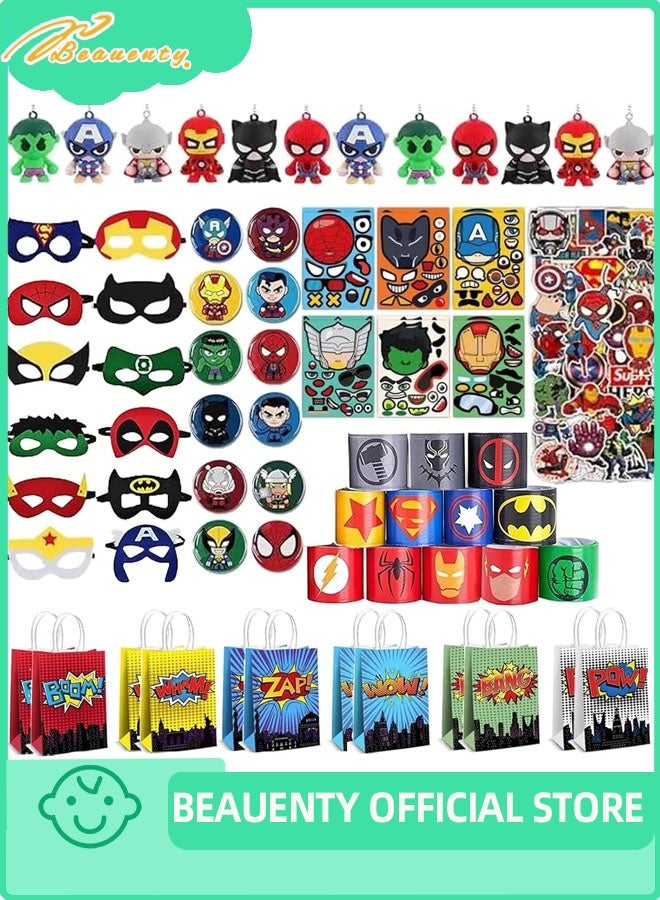 بيوينتي حزب المواد مجموعة هدية عيد ميلاد بطل خارق تشمل أقنعة بطل خارق (12 قطعة) ، 12 أسوار صفعة ، 12 ملصقات وجه بطل خارق ، 12 بروش ، 12 سلاسل مفاتيح ، 12 كيس هدايا و 50 قطعة ملصقات (122PC) - Image 1