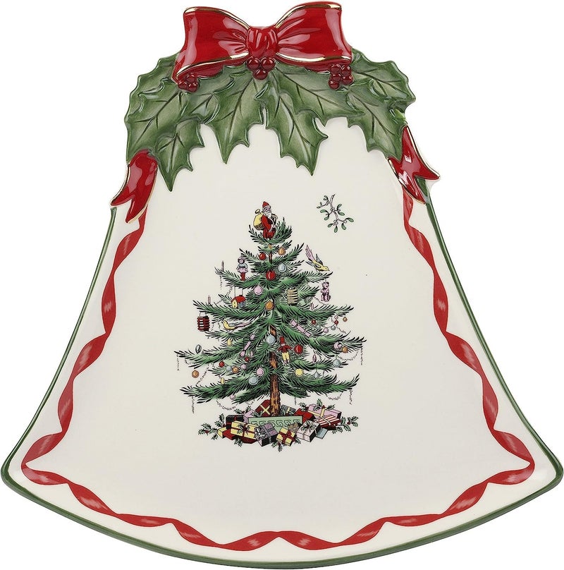 Spode Christmas Tree Ribbons BellShaped Coupe Plate  105Inch Holiday Serving Plate for Desserts Appetizers and Treats  Festive Christmas Dinnerware with Gold Accents  Dishwasher Safe - Image 1