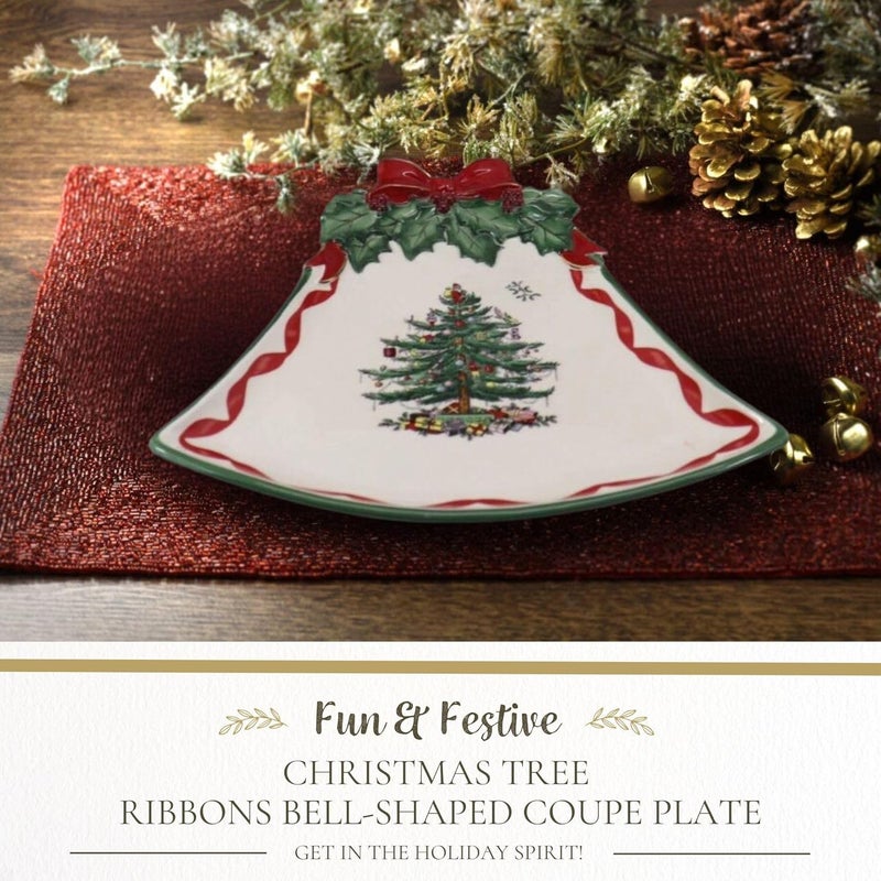 Spode Christmas Tree Ribbons BellShaped Coupe Plate  105Inch Holiday Serving Plate for Desserts Appetizers and Treats  Festive Christmas Dinnerware with Gold Accents  Dishwasher Safe - Image 2