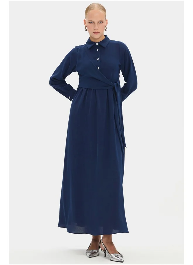 JUNE June Women Shirt Neck Tie Detailed Maxi Dress Navy