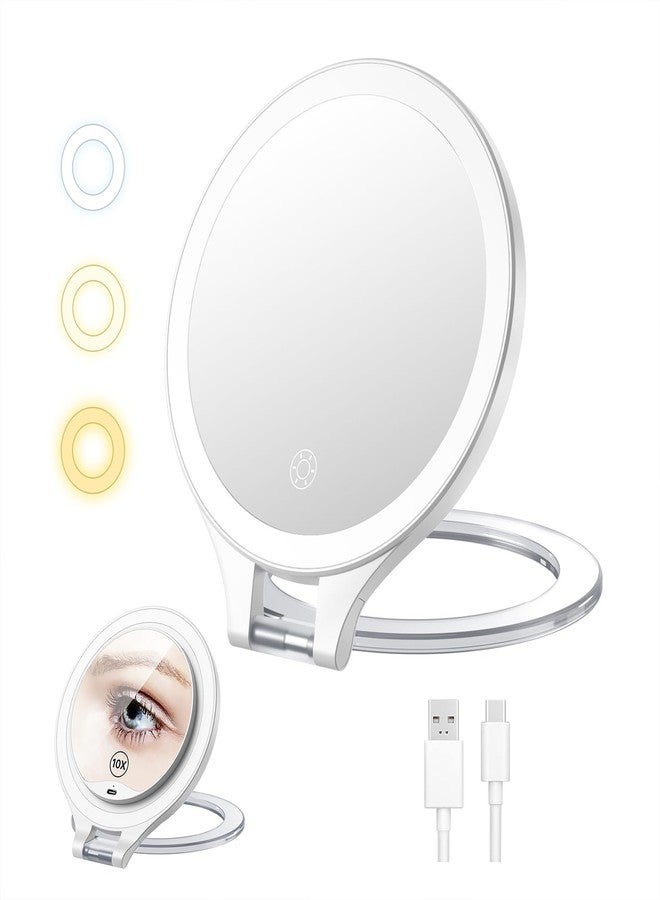 Luxspire Magnifying Mirror with Light, 10X / 1X Double Sided Makeup Mirror, Portable Travel Makeup Mirror with 3 Color Lights and Magnification, Foldable Handheld Lighted Mirror, White - Image 1