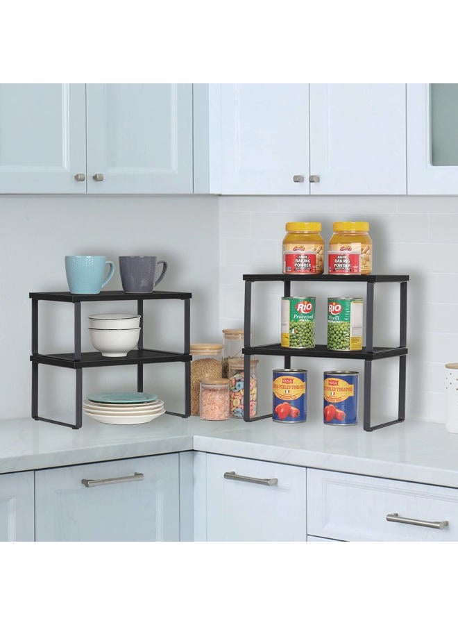 CADUKE Counter Shelf Organizer Set of 2 Kitchen Cabinet Shelves Expandable Countertop Shelves Organizer Wood Cabinet Shelf Black Stackable Storage Rack for Pantry - Image 4