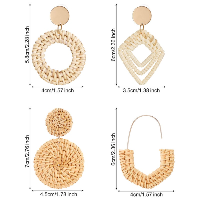 meekoo 4 Pairs Rattan Earrings for Women Beach Essentials Tassel Dangle Boho Straw Earrings(Boho) - Image 2