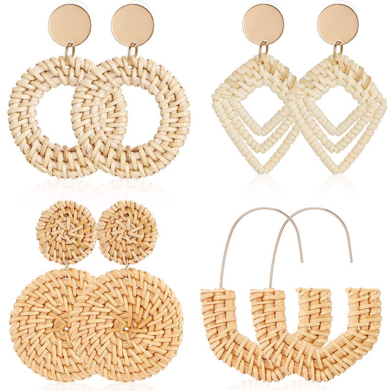 meekoo 4 Pairs Rattan Earrings for Women Beach Essentials Tassel Dangle Boho Straw Earrings(Boho) - Image 1