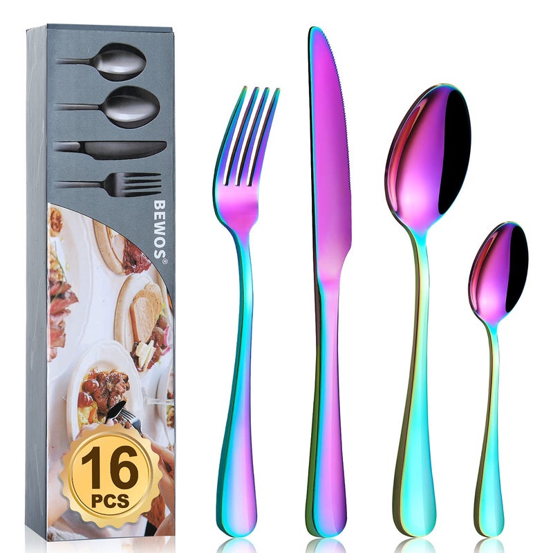 Cutlery Set BEWOS 16Piece Stainless Steel Flatware Set Tableware Silverware Set with Rainbow Spoon Knife and Fork Set Service for 4 Dishwasher SafeEasy Clean Mirror Polished
