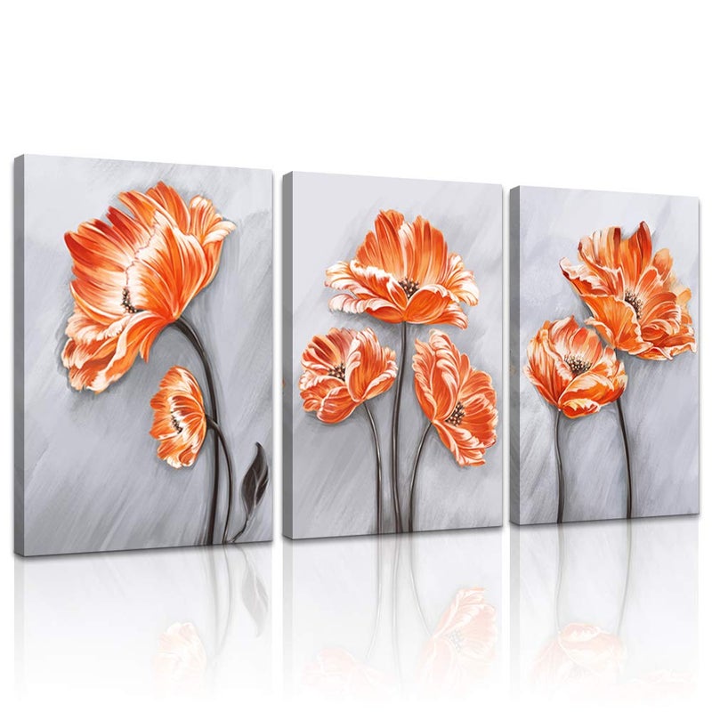 Derkymo 3 Pieces Orange Poppies Picture Elegant Flower Canvas Painting Beautiful Floral in Grey Artwork for Living Room Bedroom Framed Ready to Hang 16x24x3pcs