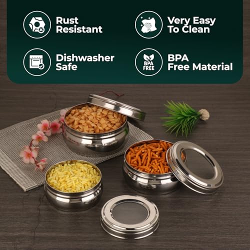 MARU Stainless Steel Storage Containers with Glass Lid Set of 3 (500ml, 750ml, 1100ml) -Durable See-Through Belly-Shaped Steel Boxes for Kitchen, Perfect for Storing Chapati, Puri & Leftovers, Silver - Image 5