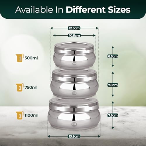 MARU Stainless Steel Storage Containers with Glass Lid Set of 3 (500ml, 750ml, 1100ml) -Durable See-Through Belly-Shaped Steel Boxes for Kitchen, Perfect for Storing Chapati, Puri & Leftovers, Silver - Image 2