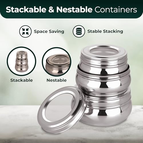 MARU Stainless Steel Storage Containers with Glass Lid Set of 3 (500ml, 750ml, 1100ml) -Durable See-Through Belly-Shaped Steel Boxes for Kitchen, Perfect for Storing Chapati, Puri & Leftovers, Silver - Image 4
