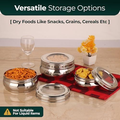 MARU Stainless Steel Storage Containers with Glass Lid Set of 3 (500ml, 750ml, 1100ml) -Durable See-Through Belly-Shaped Steel Boxes for Kitchen, Perfect for Storing Chapati, Puri & Leftovers, Silver - Image 3