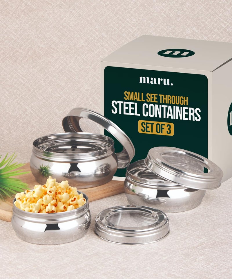 MARU Stainless Steel Storage Containers with Glass Lid Set of 3 (500ml, 750ml, 1100ml) -Durable See-Through Belly-Shaped Steel Boxes for Kitchen, Perfect for Storing Chapati, Puri & Leftovers, Silver - Image 1