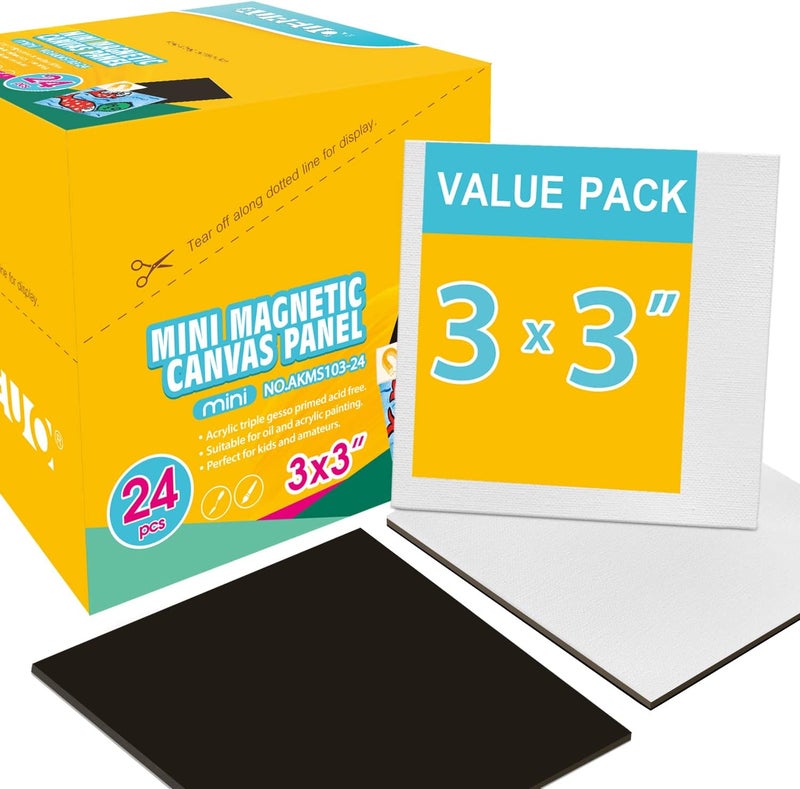 AUREUO Mini Magnetic Canvas Panel 3x3 Inch / 24 Pack - Small Square Flat Canvas Board with Magnet Back Art Gift Set Bulk Pack Tiny Thin Canvases for Christmas Painting & Craft - Image 1