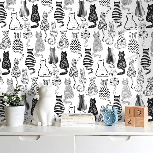 LaCheery Cat Wallpaper Black and White Cat Peel and Stick Wallpaper Cats Wall Paper Peel and Stick Modern Black and White Contact Paper for Wall Nursery Kids Room Cabinets Drawers Removable 175x79 - Image 3