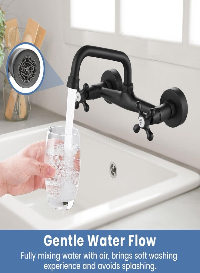 Airuida Wall Mount Kitchen Sink Faucet for 6 Inch(15cm) Spout Reach 8 Inch Center Adjustable Center Double Cross Handles Hot and Cold Water Mixer Tap 360 Rotatable Faucet Matte Black - Image 2