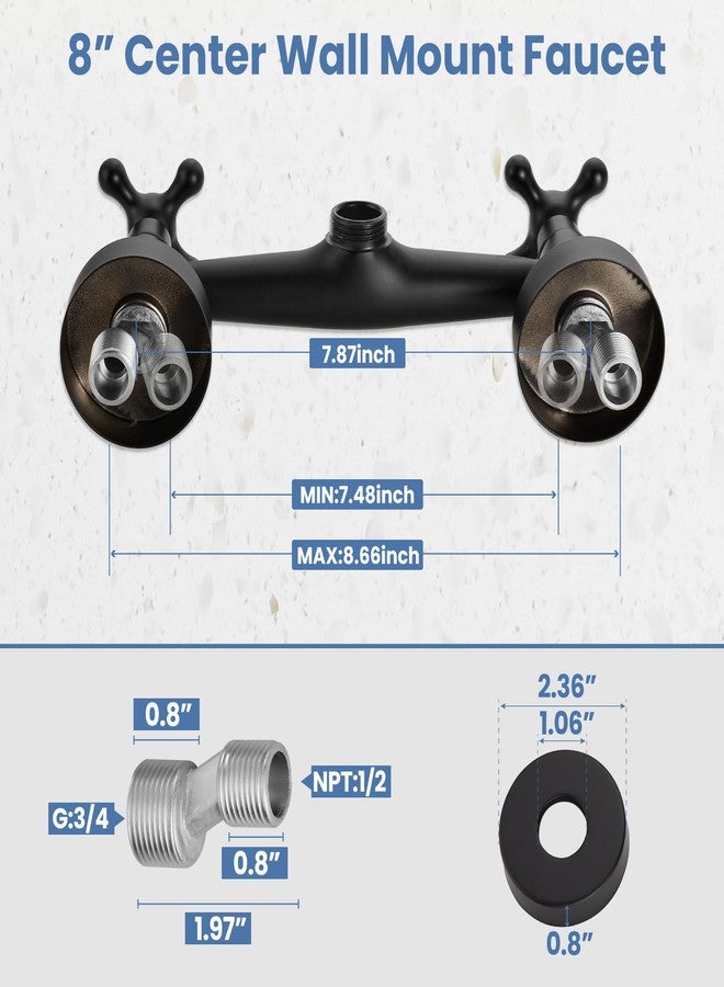 Airuida Wall Mount Kitchen Sink Faucet for 6 Inch(15cm) Spout Reach 8 Inch Center Adjustable Center Double Cross Handles Hot and Cold Water Mixer Tap 360 Rotatable Faucet Matte Black - Image 5
