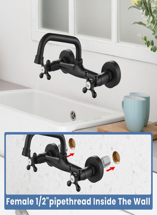 Airuida Wall Mount Kitchen Sink Faucet for 6 Inch(15cm) Spout Reach 8 Inch Center Adjustable Center Double Cross Handles Hot and Cold Water Mixer Tap 360 Rotatable Faucet Matte Black - Image 3