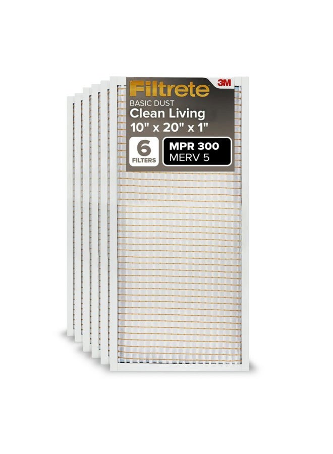FILTRETE 10x20x1, AC Furnace Air Filter, MPR 300, Clean Living Basic Dust, 6-Pack (exact dimensions 9.81 x 19.81 x 0.81) - Image 1