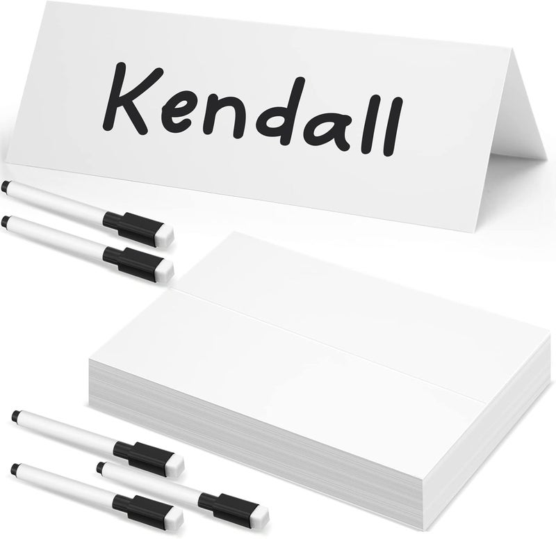 Seajan 100 Pcs Dry Erase Tent Cards 8.5" x 6" Reusable Name Cards White Table Name Sign Wedding Guest Tents Dry Erase Table Sign with 5 Black Markers for Classroom Workplace Wedding - Image 1