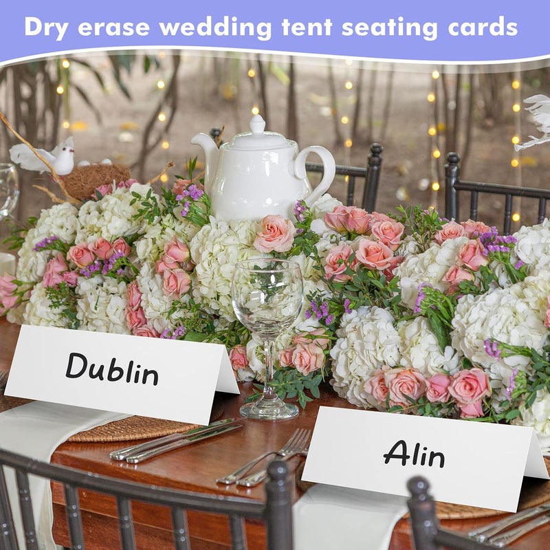 Seajan 100 Pcs Dry Erase Tent Cards 8.5" x 6" Reusable Name Cards White Table Name Sign Wedding Guest Tents Dry Erase Table Sign with 5 Black Markers for Classroom Workplace Wedding - Image 5