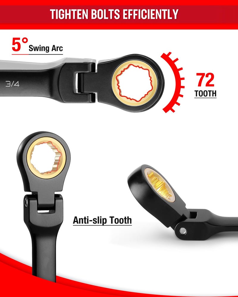WORKPRO Ratcheting Combination Wrench Set, 8-piece Flex-Head Anti-Slip Set SAE 5/16-3/4 inch, 72-Teeth, Cr-V Constructed, Black Electrophoretic Coating with Rolling Pouch - Image 3