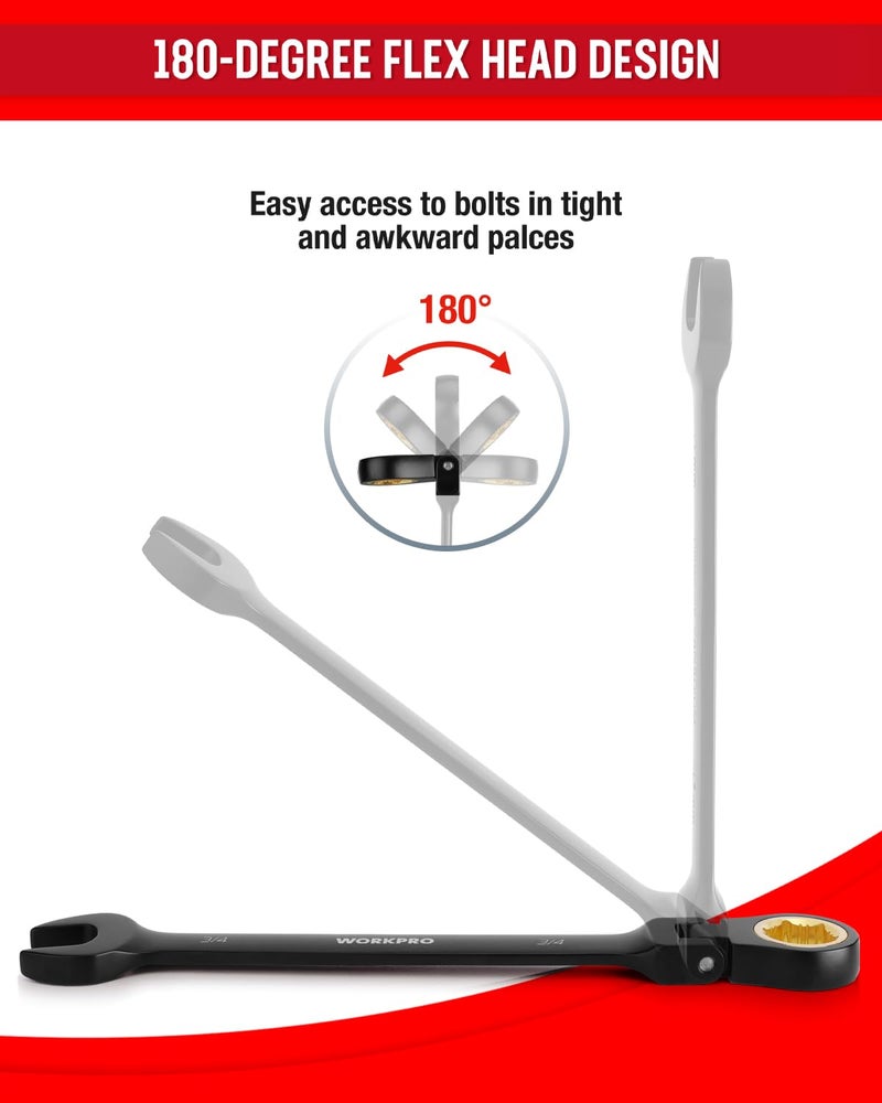 WORKPRO Ratcheting Combination Wrench Set, 8-piece Flex-Head Anti-Slip Set SAE 5/16-3/4 inch, 72-Teeth, Cr-V Constructed, Black Electrophoretic Coating with Rolling Pouch - Image 4