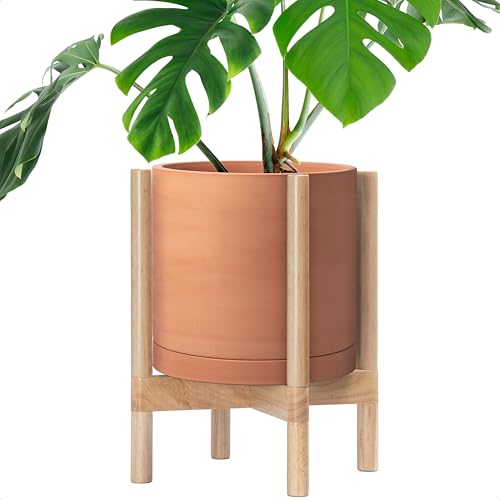 D'vine Dev Terracotta Planter with Natural Stand - 12 Inch Modern Round Flower Pot with Wood Planter Holder, Terracotta, 55-B-J-5 - Image 1