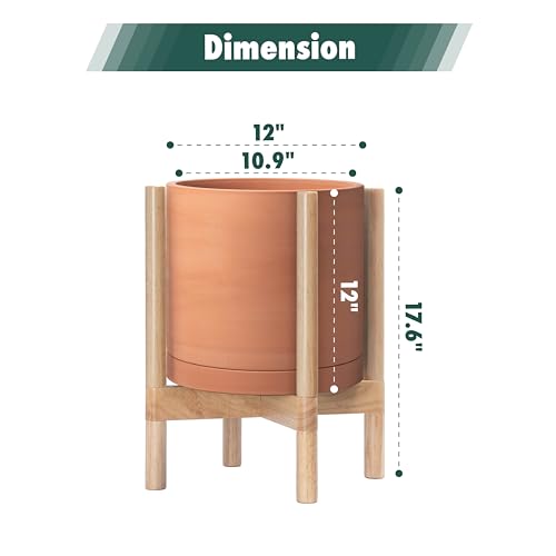 D'vine Dev Terracotta Planter with Natural Stand - 12 Inch Modern Round Flower Pot with Wood Planter Holder, Terracotta, 55-B-J-5 - Image 3