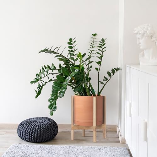 D'vine Dev Terracotta Planter with Natural Stand - 12 Inch Modern Round Flower Pot with Wood Planter Holder, Terracotta, 55-B-J-5 - Image 2