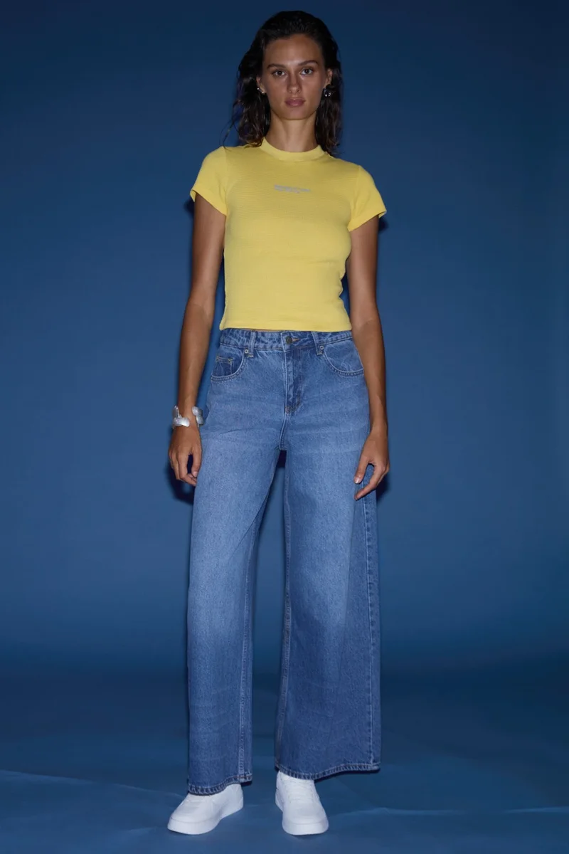 GRIMELANGE Celetna Women's 100% Cotton Extra Wide Leg Blue Jeans