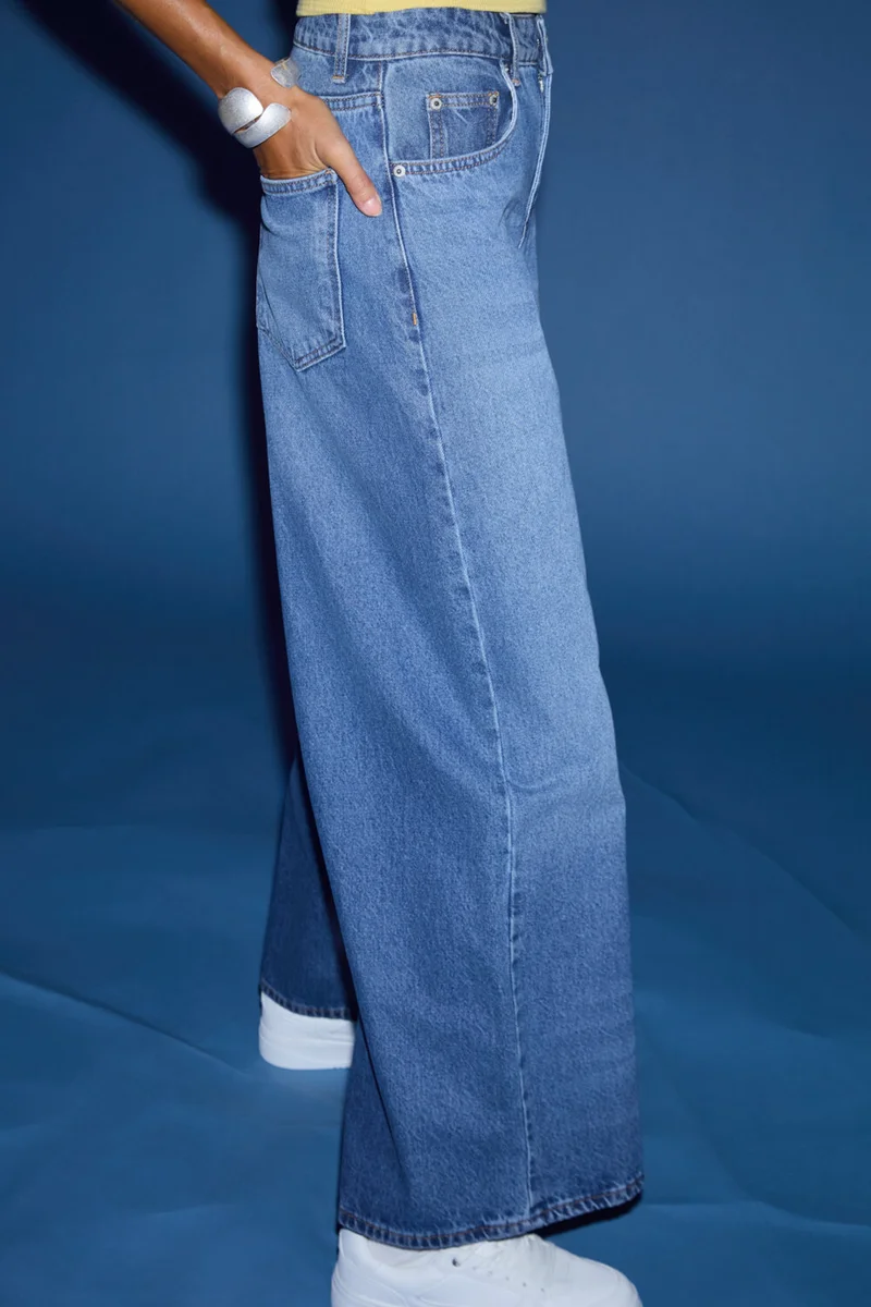 GRIMELANGE Celetna Women's 100% Cotton Extra Wide Leg Blue Jeans