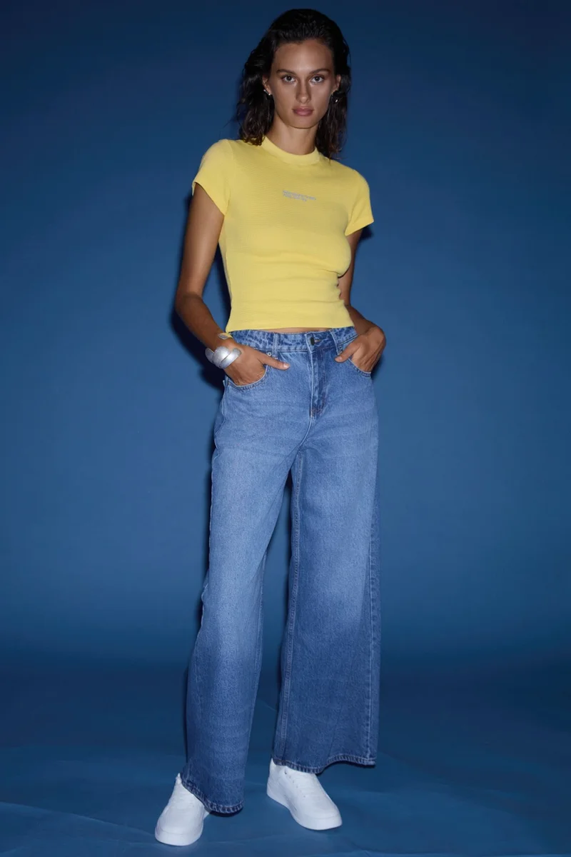 GRIMELANGE Celetna Women's 100% Cotton Extra Wide Leg Blue Jeans