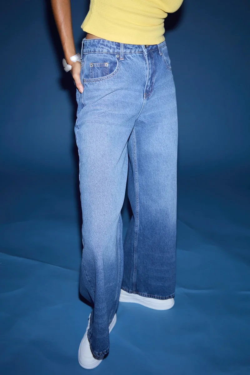 GRIMELANGE Celetna Women's 100% Cotton Extra Wide Leg Blue Jeans