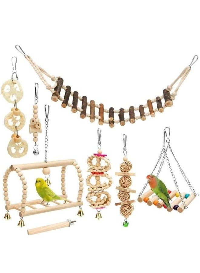 general Parrot biting toy small and medium-sized bird toy log swing ring bell string log soft ladder house staircase 8-piece set - Image 1