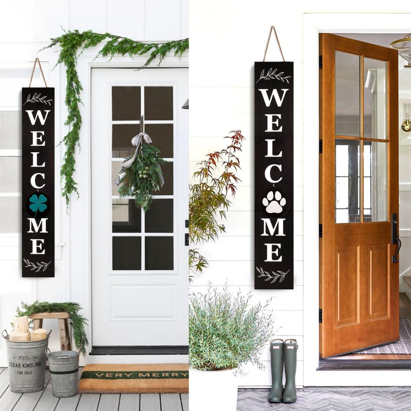 Perfnique Welcome sign for front porch standing, 47 x 7.9 Inch Wooden Leaner Sign with 10 Interchangeable Designed Icons, Seasonal Decor for Spring Easter Fall Christmas(Black) - Image 3