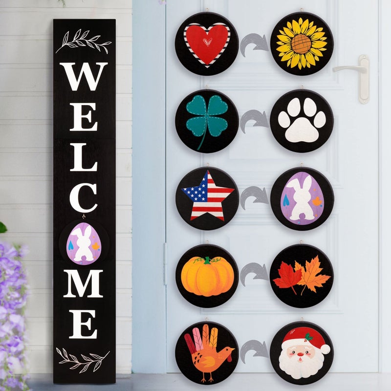 Perfnique Welcome sign for front porch standing, 47 x 7.9 Inch Wooden Leaner Sign with 10 Interchangeable Designed Icons, Seasonal Decor for Spring Easter Fall Christmas(Black) - Image 1