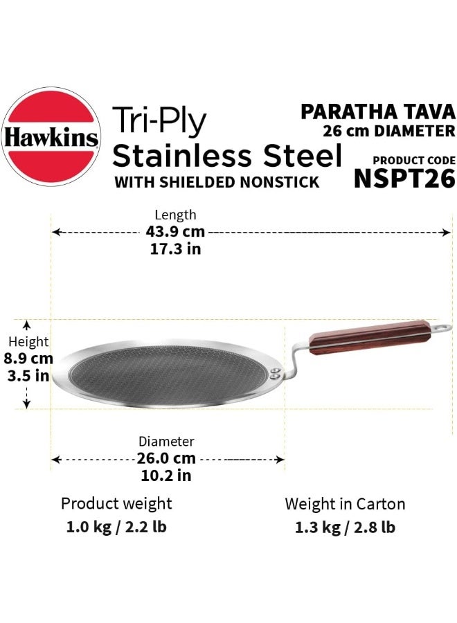 Hawkins 26 سم tava باراثا ثلاثي الفولاذ المقاوم للصدأ مع مقبض خشب الورد توا عسلية غير قابلة للالتصاق موجة الحشرات غير اللاصقة فضي NSPT26 - Image 3