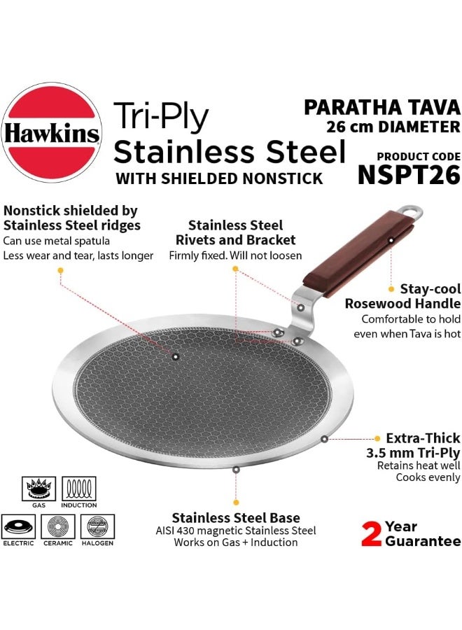 Hawkins 26 سم tava باراثا ثلاثي الفولاذ المقاوم للصدأ مع مقبض خشب الورد توا عسلية غير قابلة للالتصاق موجة الحشرات غير اللاصقة فضي NSPT26 - Image 2