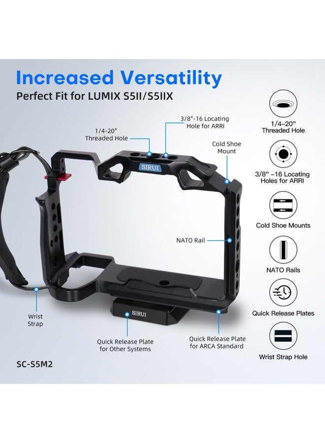 SIRUI S5II S5IIX G9 II Camera Cage with Top Handle, Full Cage for Panasonic LUMIX S5II S5IIX G9 II with Built-in Plate for Arca, NATO Rail, Cold Shoe, Multi Threads, Wrist Strap - Image 3