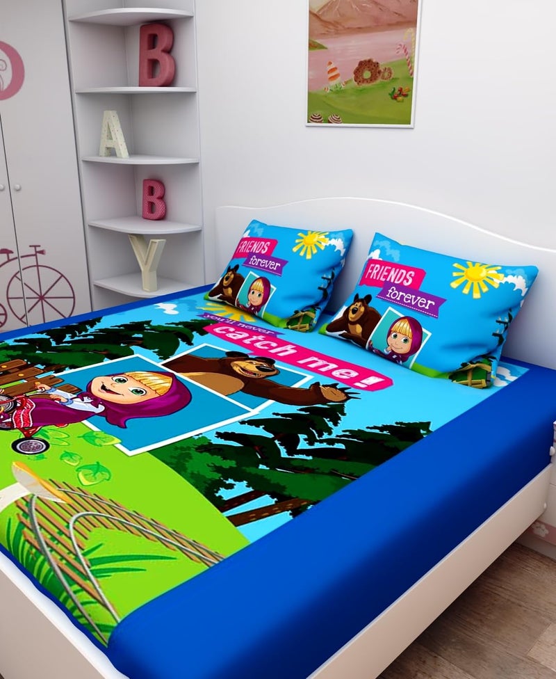 Athom Living أثوم ليفينغ مasha والدب ملاءة سرير مزدوجة مطبوعة رقمياً من القطن للأطفال 270x270 سم مع مجموعة من 2 غطاء وسادة - Image 3