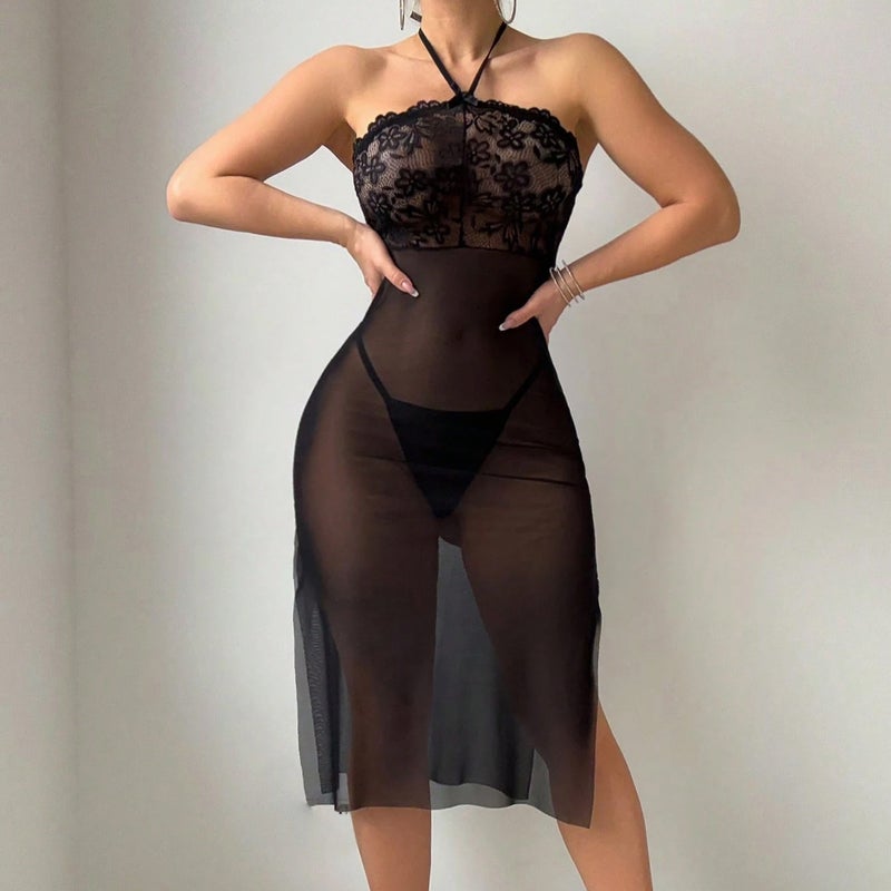 Sexy Sheer Lingerie Dress with Lace and Halter Neck - Women's Nightwear - Image 1