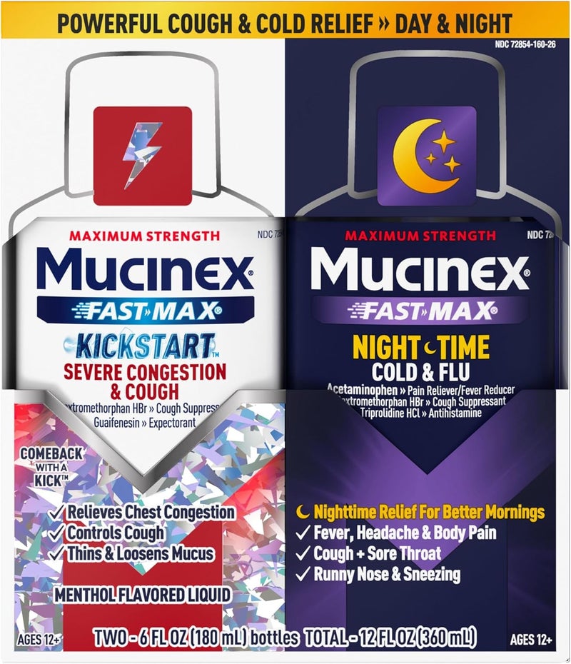 MUCINEX فاست ماكس كيكستارت للسعال الشديد والبرد والإنفلونزا ليلي 2x6 أونصة سائلة - Image 1