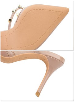 Eloshman Shallow Mouthed Pointed Hollow Metal Rivets With Patent Leather Sandals Beige  - Image 1