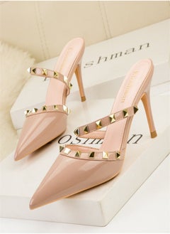 Eloshman Shallow Mouthed Pointed Hollow Metal Rivets With Patent Leather Sandals Beige  - Image 3