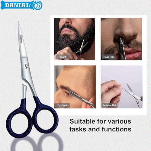 DANIAL 4 Inches Stainless Steel Hair Cutting Scissors for Mustache, Beard, Nose and Eyebrow Grooming -Rubber Coated Grip - Travel Friendly Blue - Red - Image 5