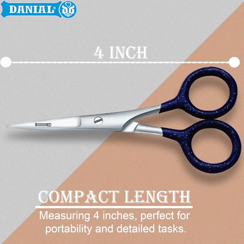 DANIAL 4 Inches Stainless Steel Hair Cutting Scissors for Mustache, Beard, Nose and Eyebrow Grooming -Rubber Coated Grip - Travel Friendly Blue - Red - Image 3